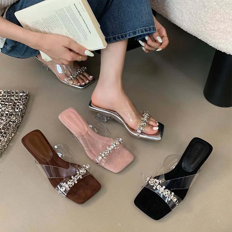 透明水钻坡跟凉拖鞋女2025夏季新款百搭粗跟网红仙女风高跟鞋女