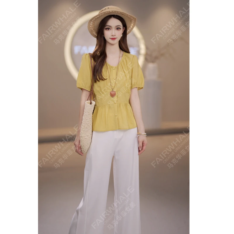 马克华菲女装夏季2025法式短袖气质衬衫减龄休闲上衣单排扣设计