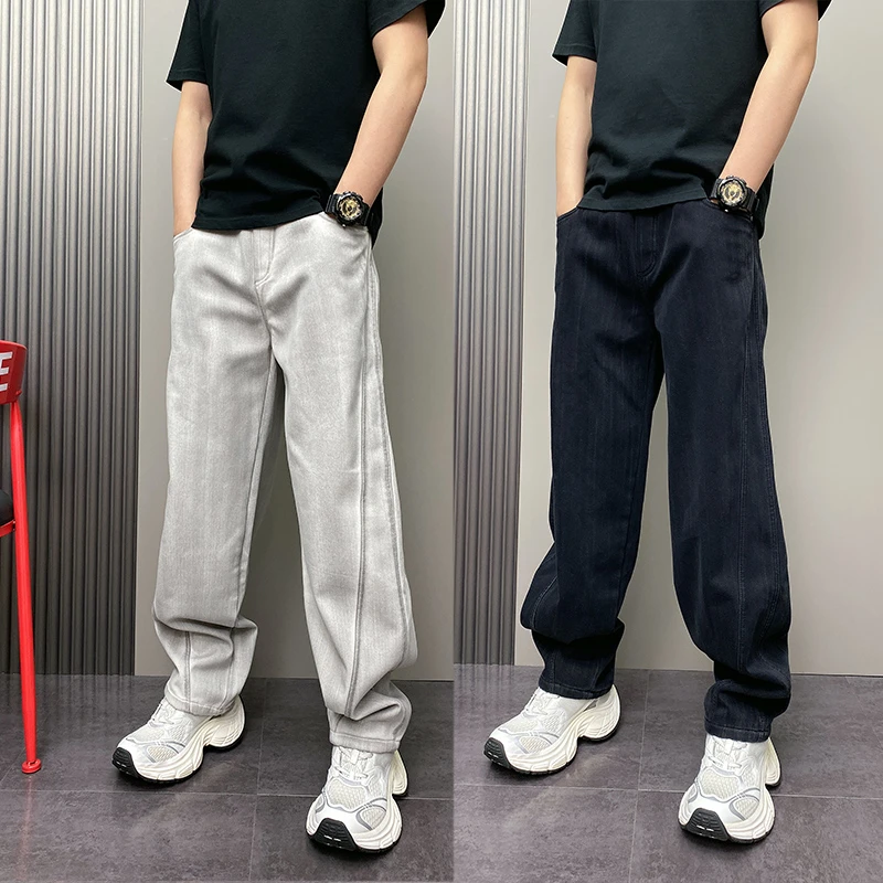 扎染水洗做旧弯刀裤男秋冬季加绒直筒裤休闲阔腿宽松潮牌工装长裤
