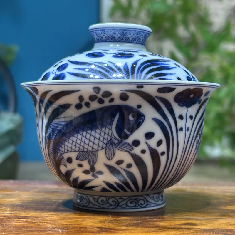 景德镇陶瓷青花瓷青仿元鱼藻纹盖碗茶具家用高端茶器送礼中式国风