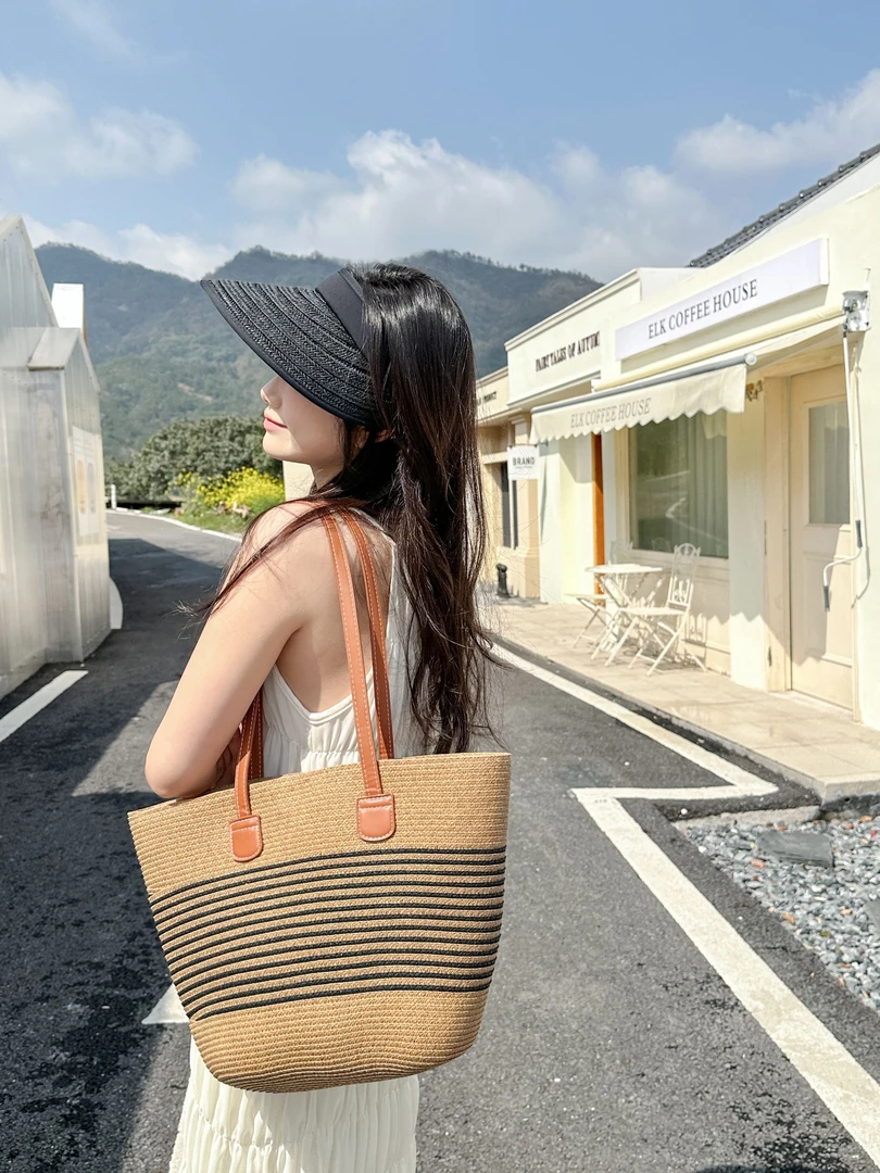 编织草编包夏季新款通勤大容量条纹单肩百搭时尚沙滩包包女士女款