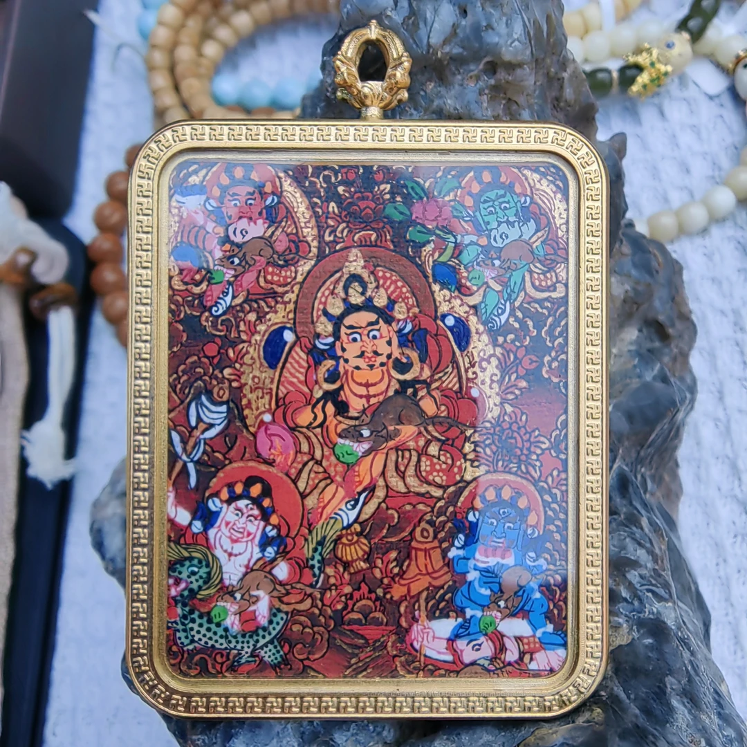 钛钢玻璃吊坠 高端精品纯手绘五路财神藏式唐卡吊坠黄财神黑财神