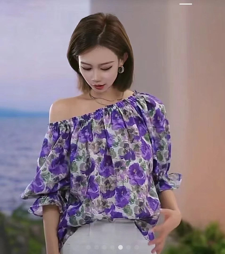 夏季显白碎花一字肩大圆领短袖衬衫女设计感小众