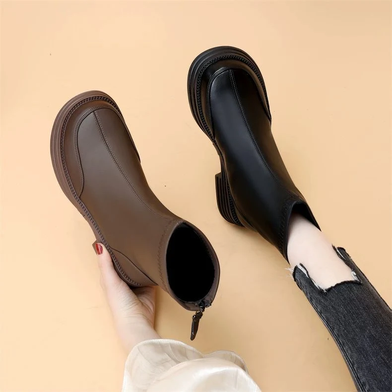 【断码】软皮切尔西短靴女2024新款冬季加绒英伦风瘦瘦靴厚底马丁靴