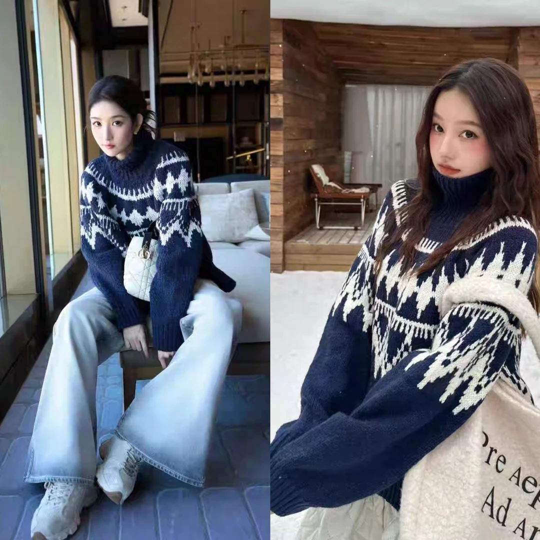 王玉雯同款藏蓝色高领秋冬慵懒风加厚费尔岛提花针织毛衣女上衣潮