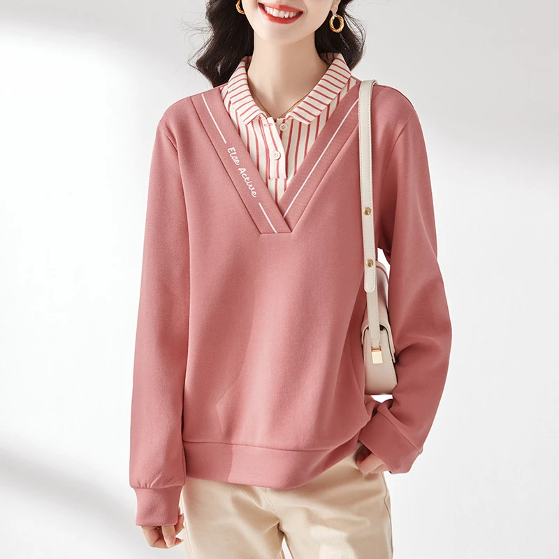 有领卫衣女加绒加厚2024新款秋冬爆款显瘦正肩假两件上衣时尚洋气