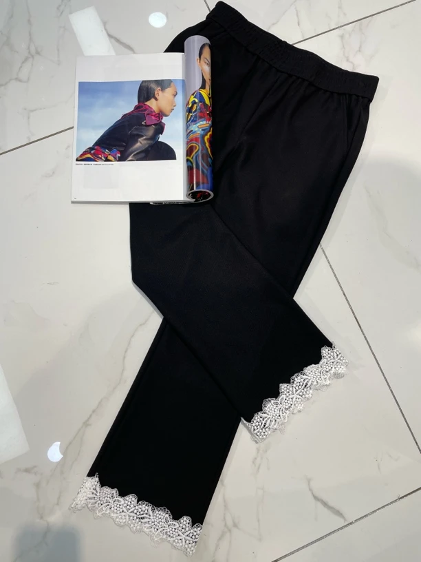 【娟姐精选】8039春季欧货重工裤脚拼蕾丝边时尚九分烟管裤