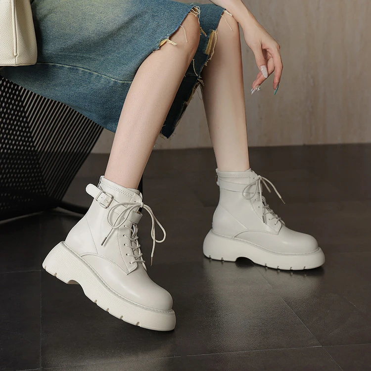 单里加绒里真皮小短靴2025秋冬新款马丁靴休闲系带厚底短筒女靴子