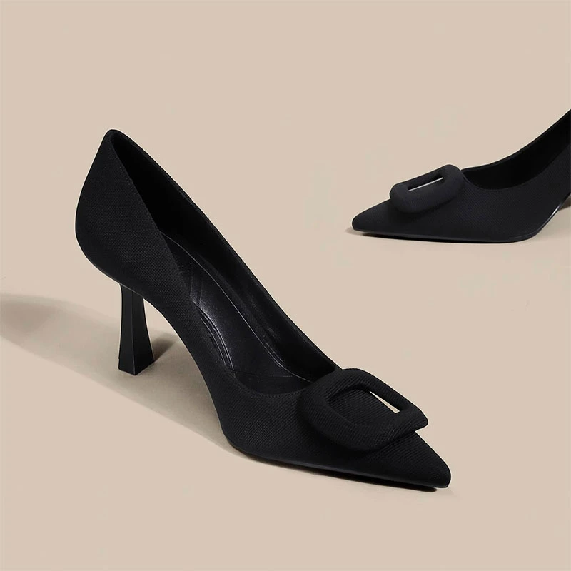 法式尖头细跟高跟鞋女2025年新款方扣浅口女士单鞋黑色通勤工作鞋