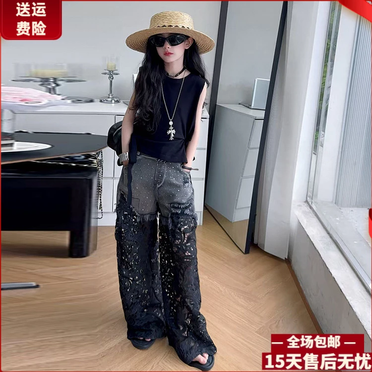 韩版女童夏季新款蕾丝拼接牛仔裤无袖背心时尚套装中大童显瘦洋气