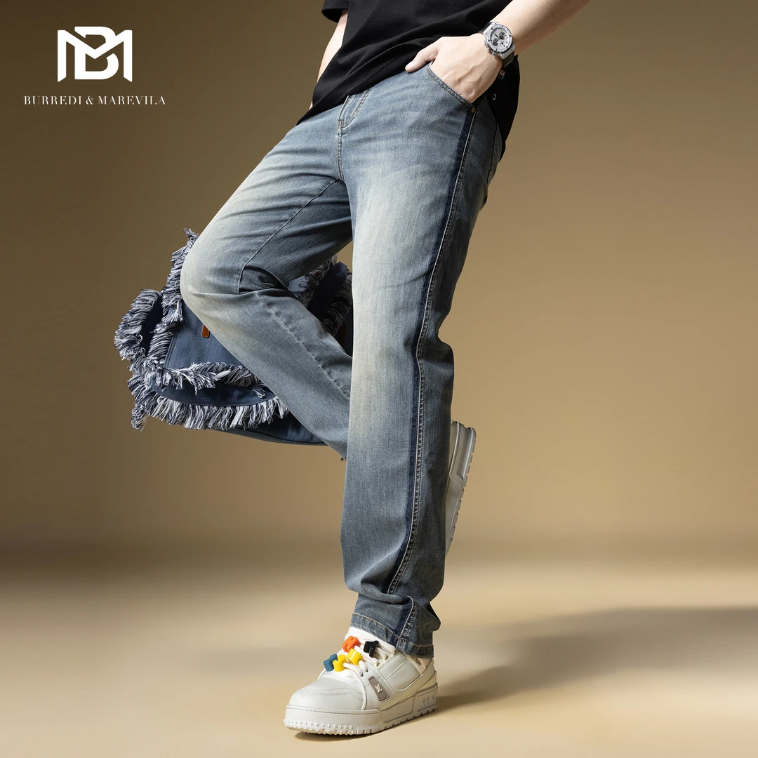 BM侧边条纹美式复古牛仔裤2025新款男士高端休闲裤子男夏季薄款潮