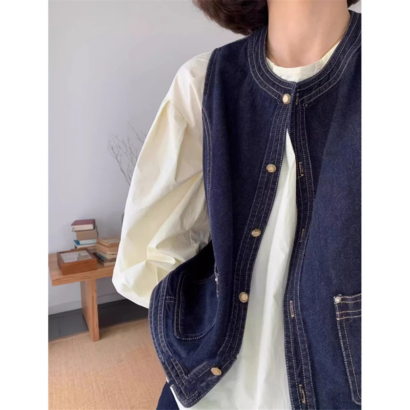 日系复古牛仔马甲外套女春夏新款叠穿百搭高级感坎肩马夹无袖开衫