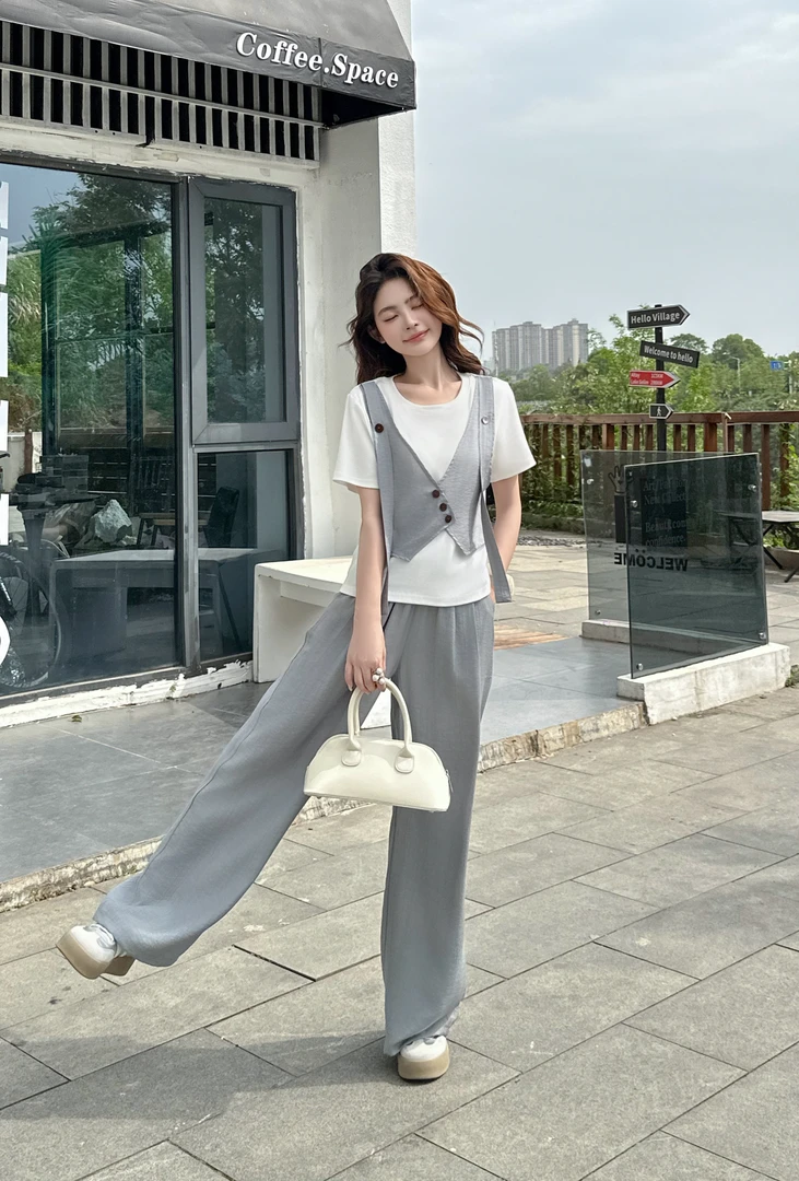 25-26【衣长52裤长100】假两件拼接上衣女2025新款阔腿裤套装