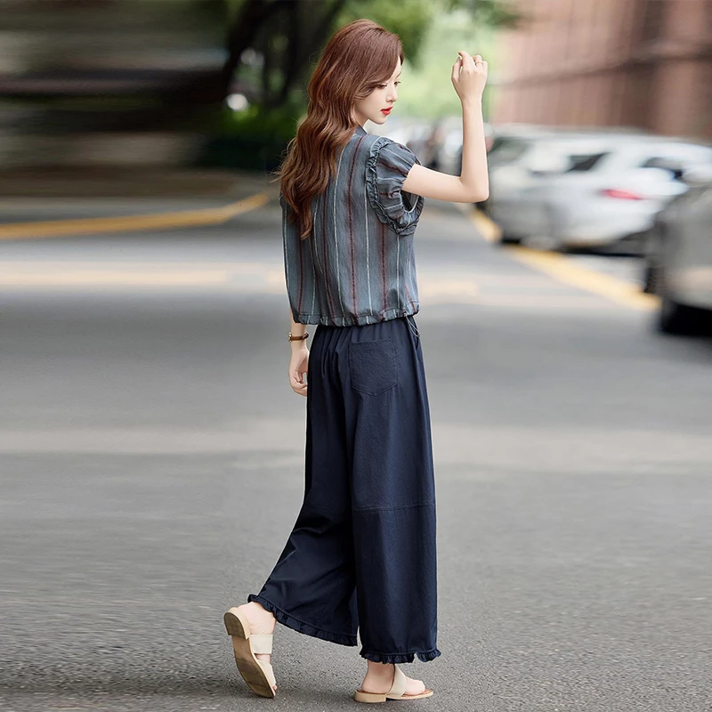 2025夏季新款女士大方得体时尚套装条纹衬衫休闲花边阔腿裤两件套