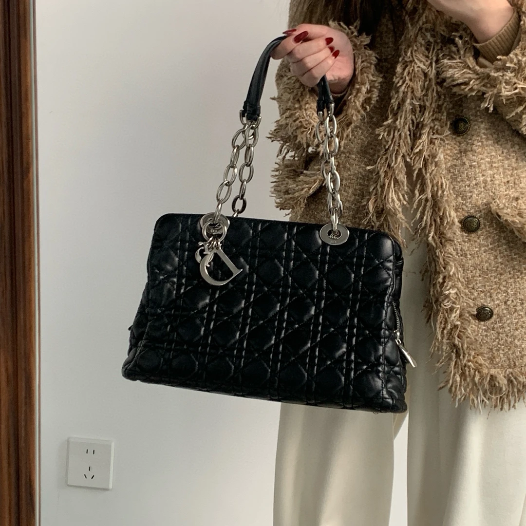 95新 DIOR/迪奥 dior黑银菱格纹手提托特包