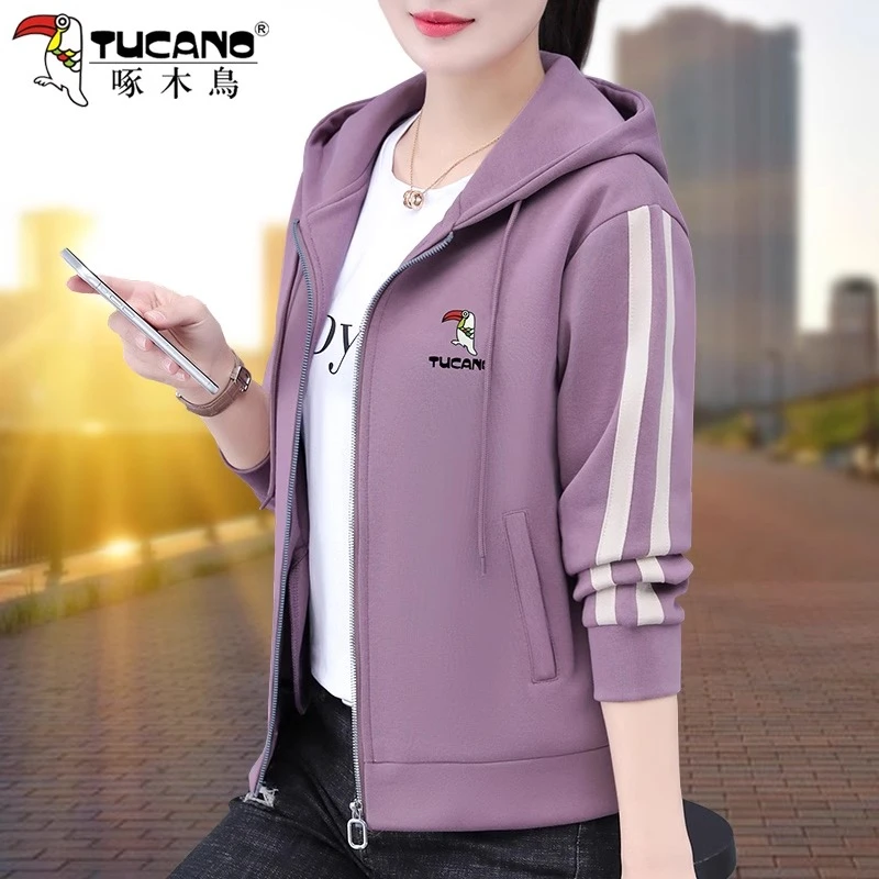 【官方】啄木鸟女士运动外套2025新款春秋洋气减龄连帽休闲开衫卫衣
