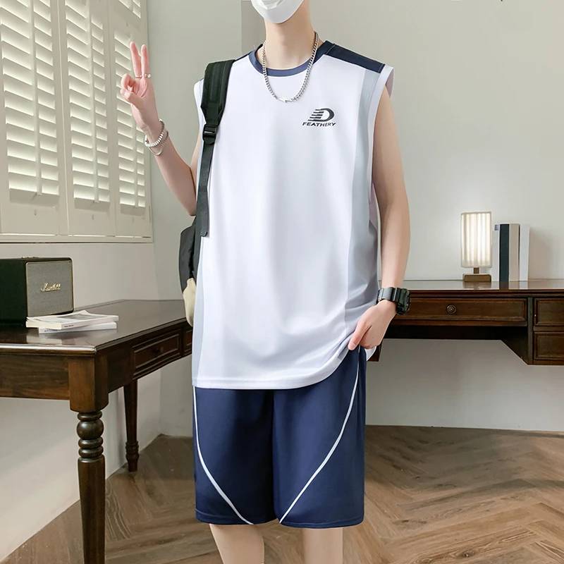 青少年夏季冰丝运动背心套装男初高中速干无袖圆领无袖男生篮球服