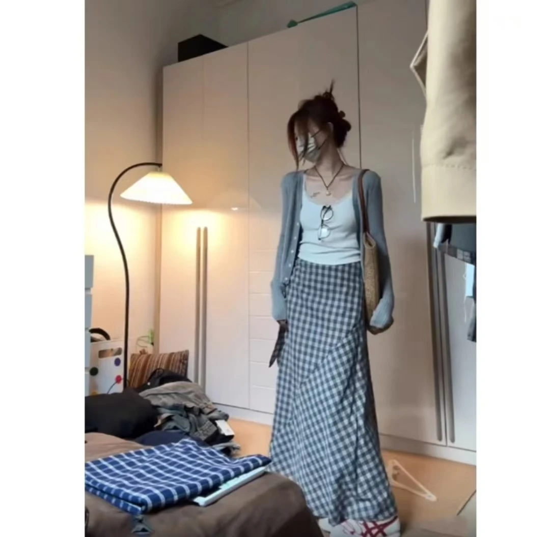 C8格子系带包臀裙a字半身裙女夏小个子高腰垂坠感长裙气质半裙子