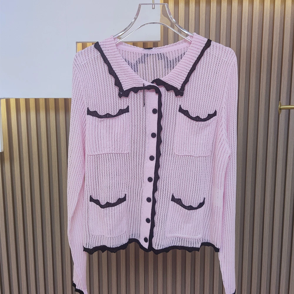 21112小众胶囊系列拼色口袋针织开衫外套上衣空调衫