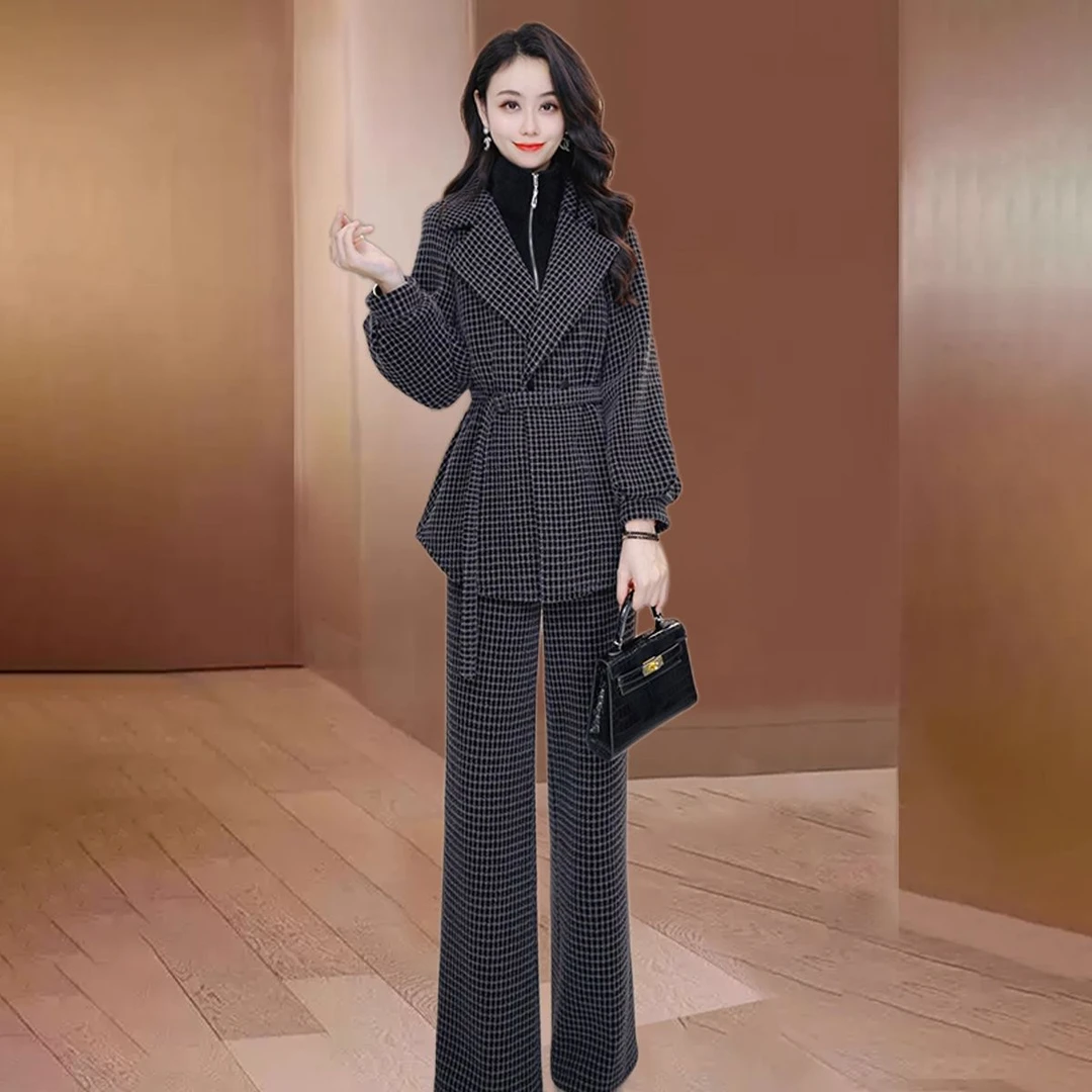 格纹小香风轻奢显瘦套装女士2025早秋新款减龄小众高级感两件套裤