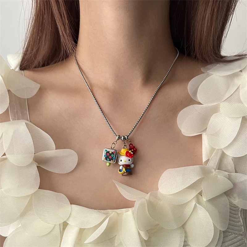 合金项链 可爱卡通风彩色Kitty猫骰子吊坠项链百搭锁骨链