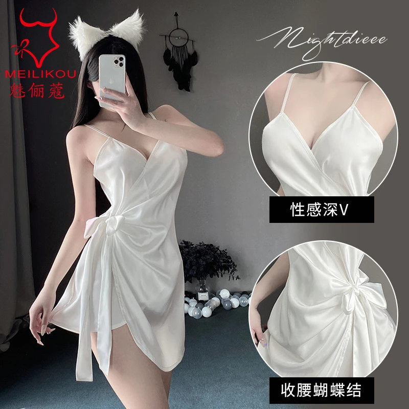 春季纯色女中长裙一片式性感睡裙蝴蝶结法式温婉风