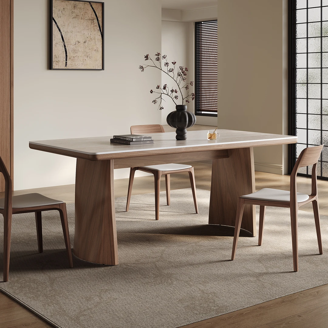 岩板餐桌法式侘季风格简约实木餐台设计师原创胡桃木纹高端吃饭桌