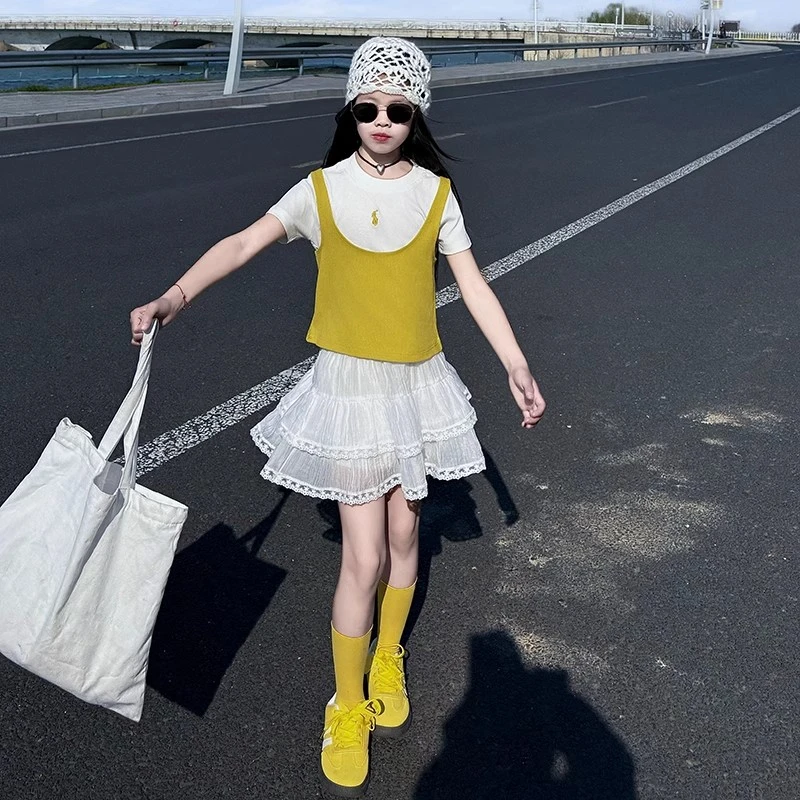 女童多巴胺套装2025夏季新款洋气时髦假两件上衣蕾丝短裙两件套潮
