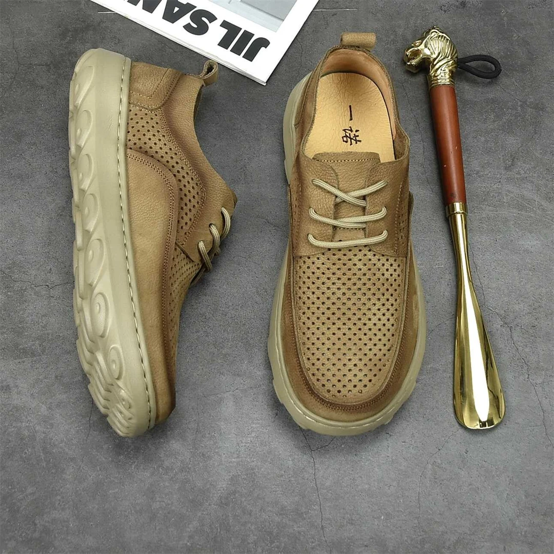 夏季新款男鞋镂空透气休闲皮鞋真皮系带复古凉鞋软皮软底鞋子宽头