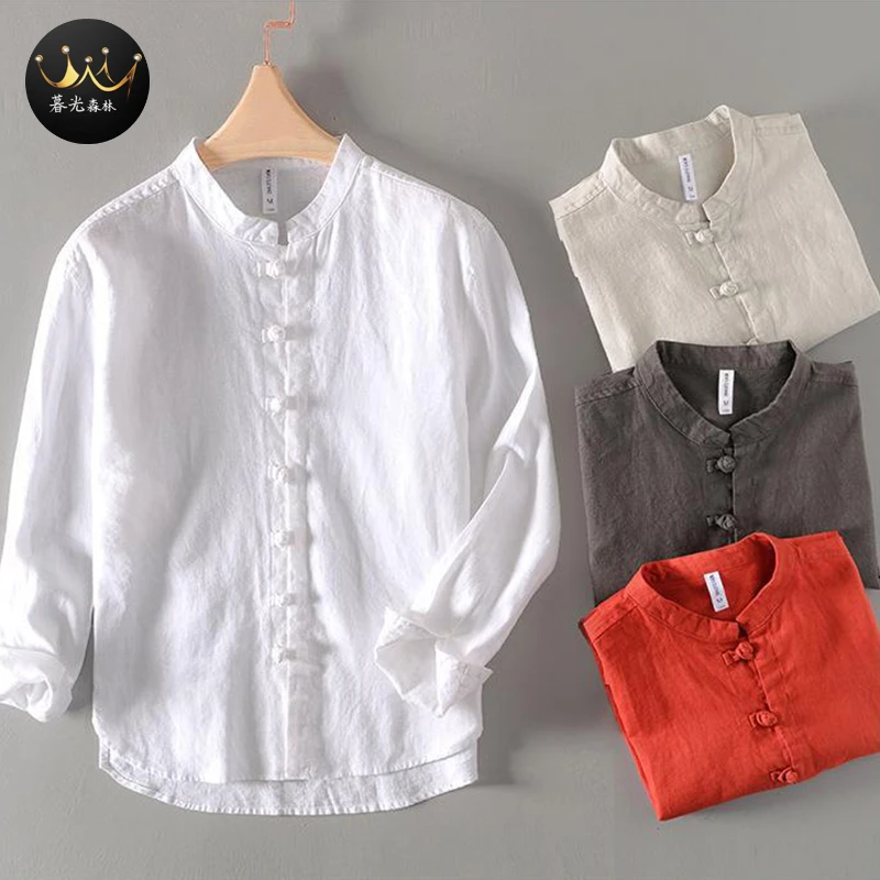 复古风中式盘扣宽松衬衣外套男士棉麻长袖上衣衬衫男中国风夏季白