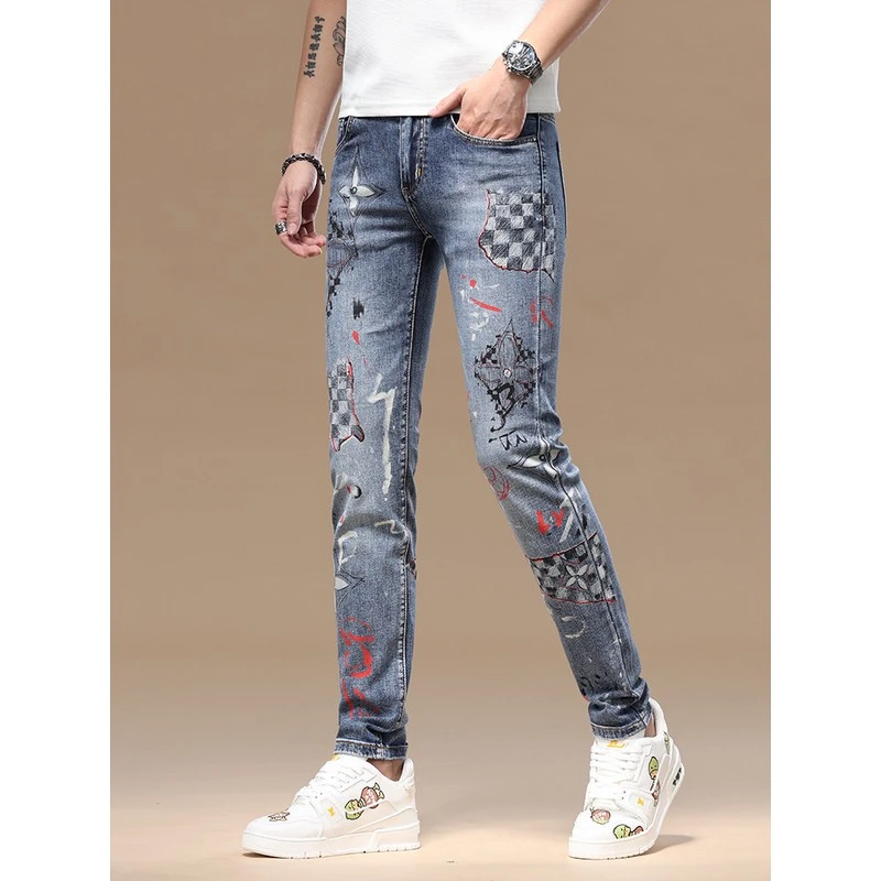 高端潮流时尚修身男士牛仔裤印花2025春秋新款弹力小脚欧货长裤子