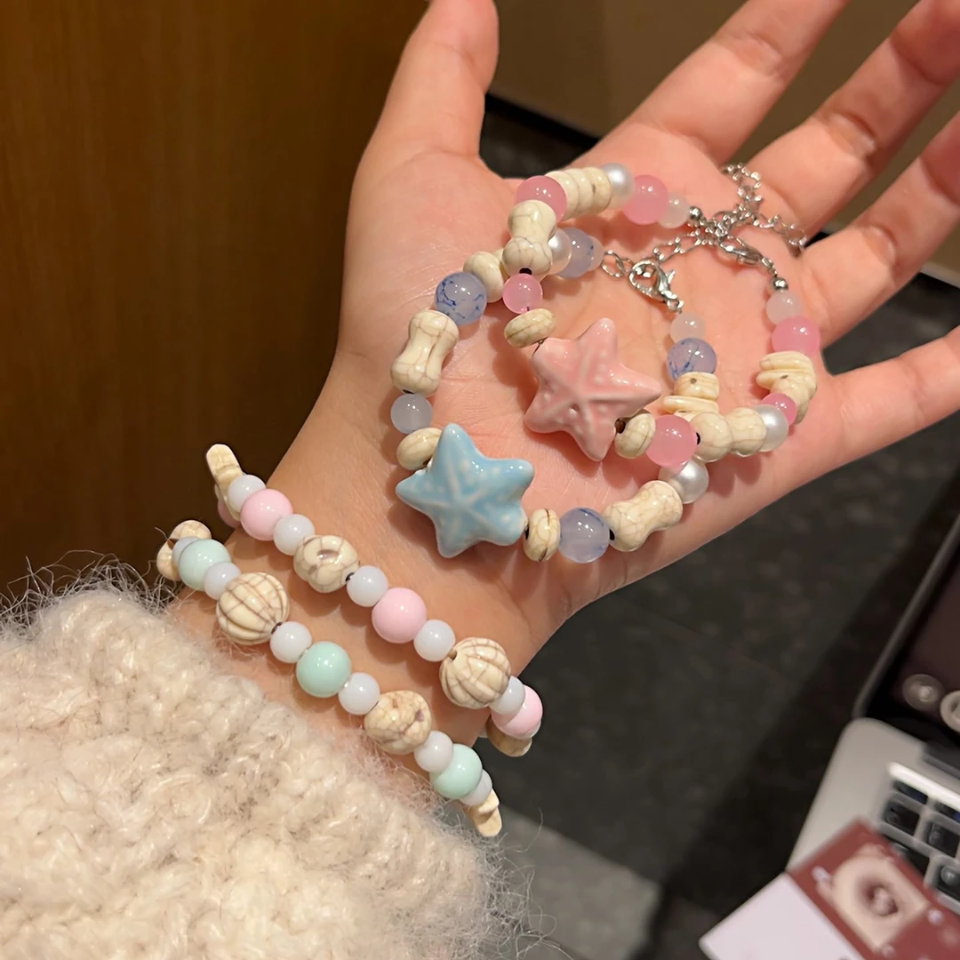 非金属陶瓷手链 马卡龙海星粉蓝色串珠手链2025年甜美送闺蜜饰品