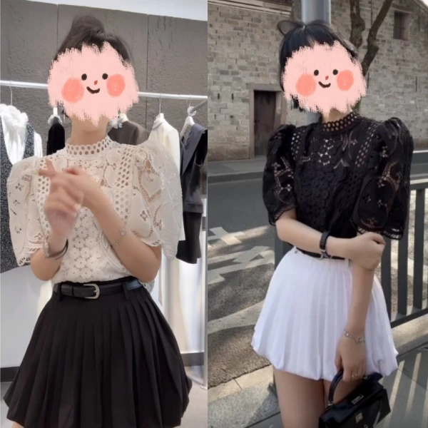 蕾丝衬衫女法式镂空花朵泡泡袖上衣+显瘦设计感百搭防走光百褶裙