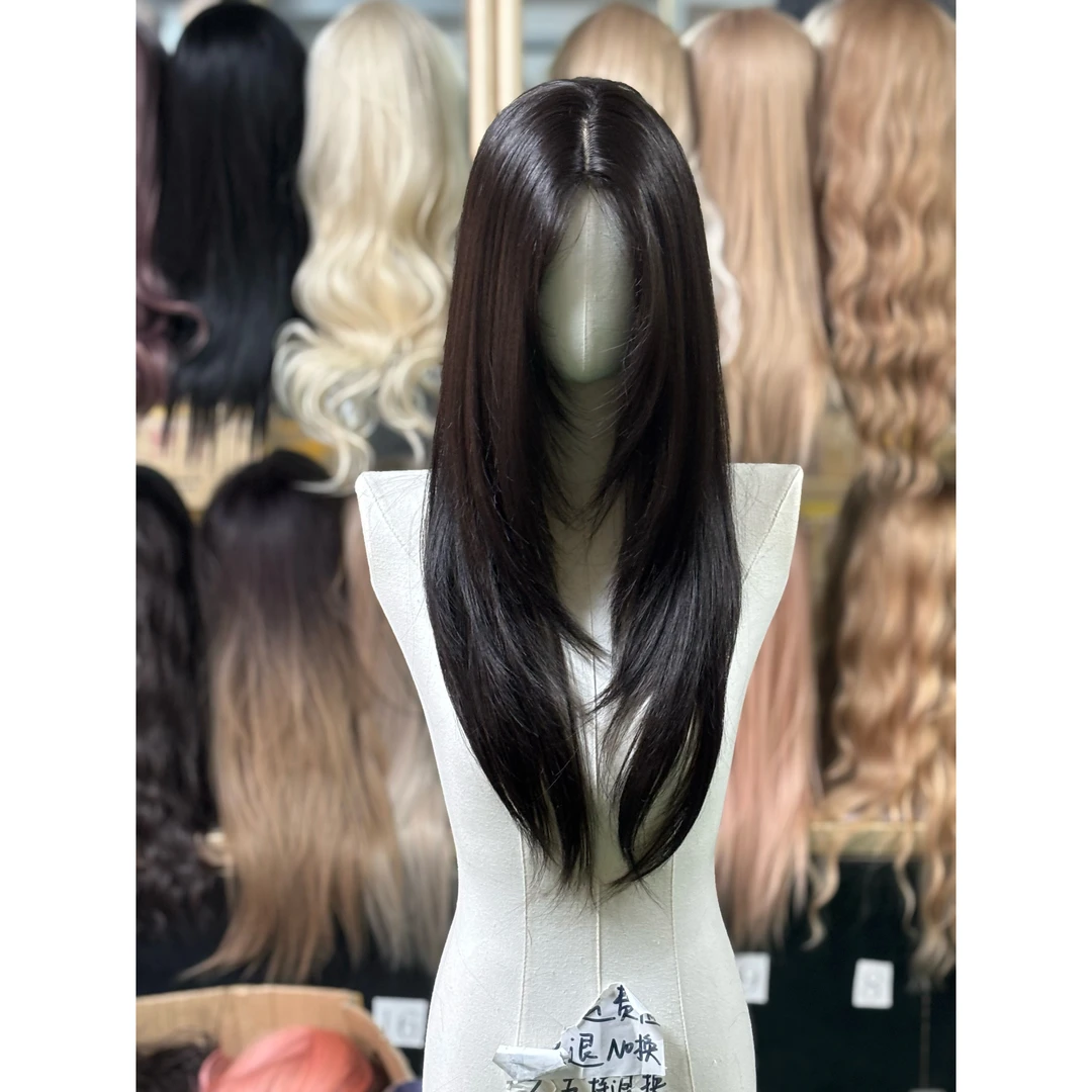 小额蕾丝假发女长直发黑色层次直发日常整顶仿真人发丝全头套假发