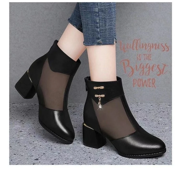 弥尊网靴女粗跟新款春夏季女凉靴妈妈鞋高跟透气网纱凉鞋百搭网薪