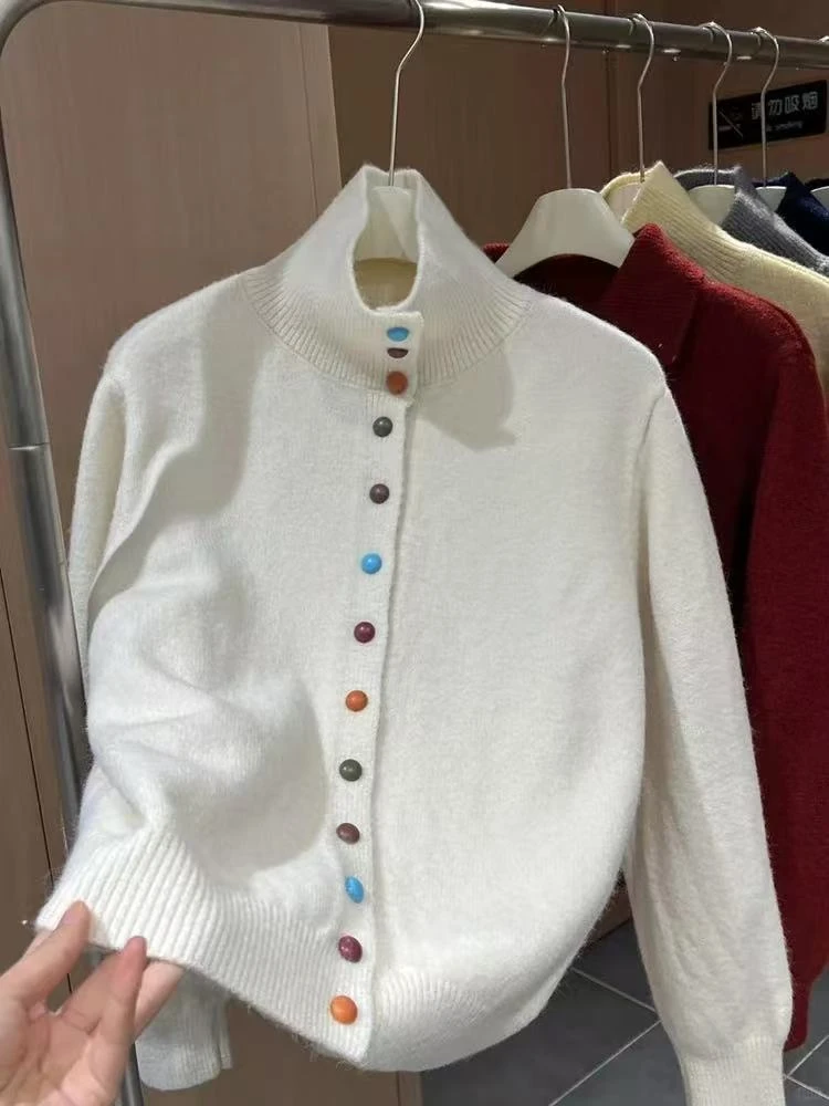 韩系新款彩虹扣半高领毛衣668