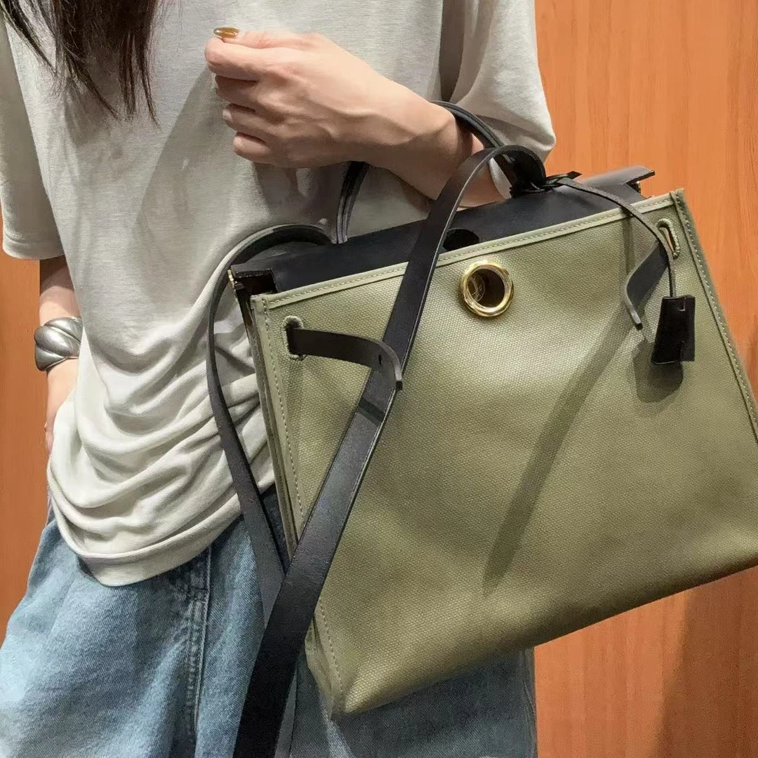 95新 Hermes/爱马仕 【蕾】1FT4509 橄榄绿帆布拼皮单肩包