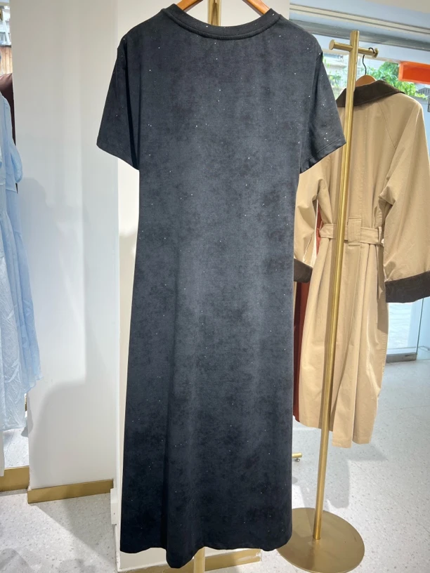 村上同款显瘦黑色褶皱圆领收腰连衣裙S2253709