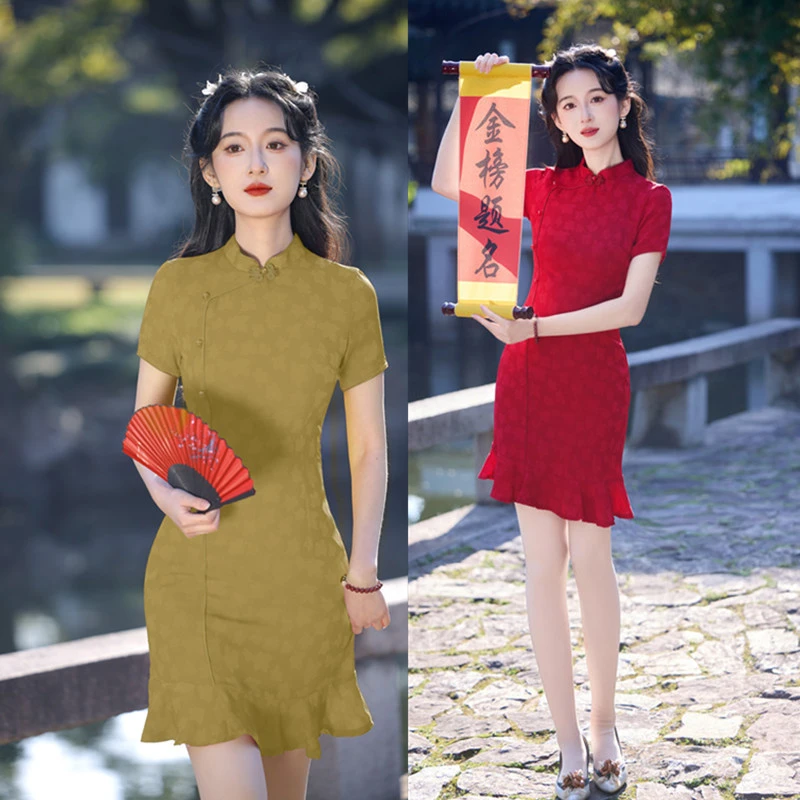 旗开得胜送考旗袍2025日常夏季新款提花中式短款少女日常可穿旗袍