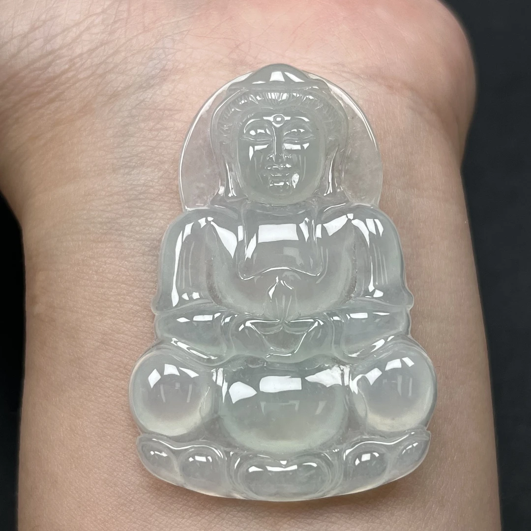 天然缅甸翡翠A货 正冰种观音吊坠 51.3×35.6×6mm冰种翡翠观音吊坠
