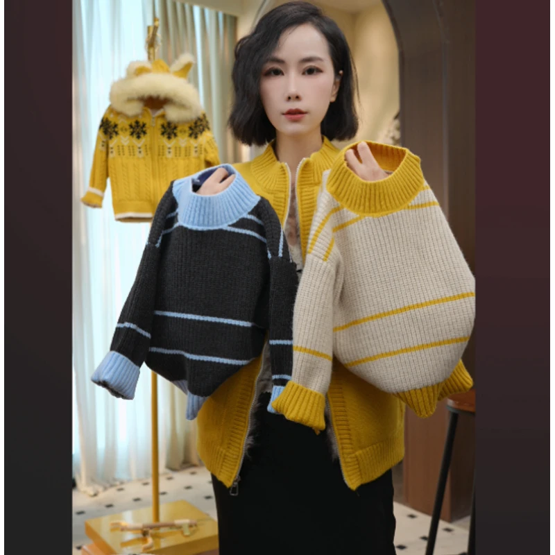 25年秋冬季新款长袖休闲条纹男女童亲子拼色针织衫打底