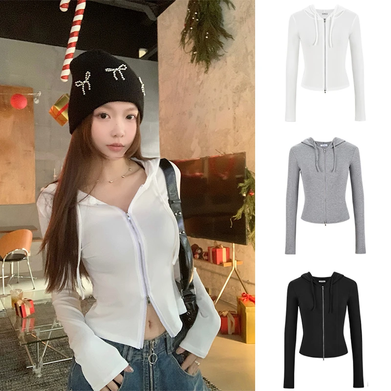 Moses Queen/魔西女王双拉链连帽掐腰短款开衫运动风休闲长袖上衣