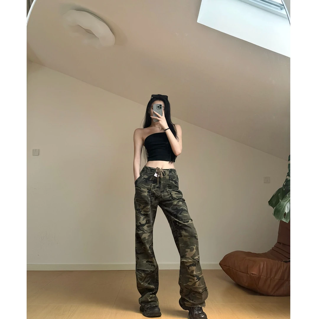 猫猫加长女裤高个子工装迷彩抽绳伞兵裤口袋工装裤