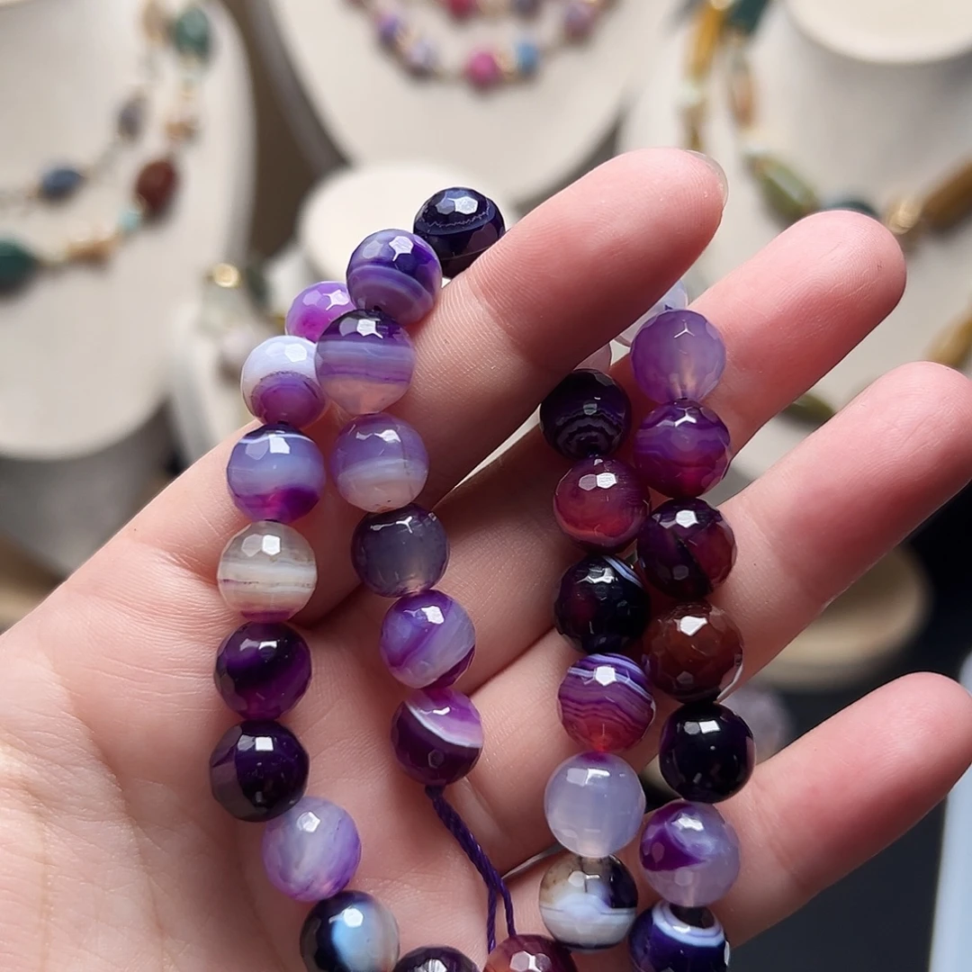 玛瑙/玉髓合金珠宝半成品W351，10mm魅惑紫缠丝玛瑙切面圆珠一条