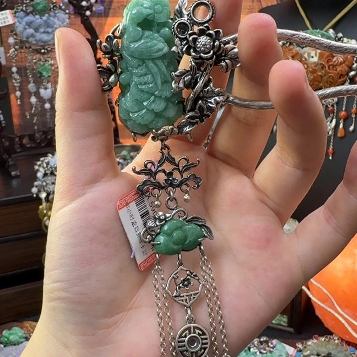 翡翠银S925镶嵌颈饰发簪