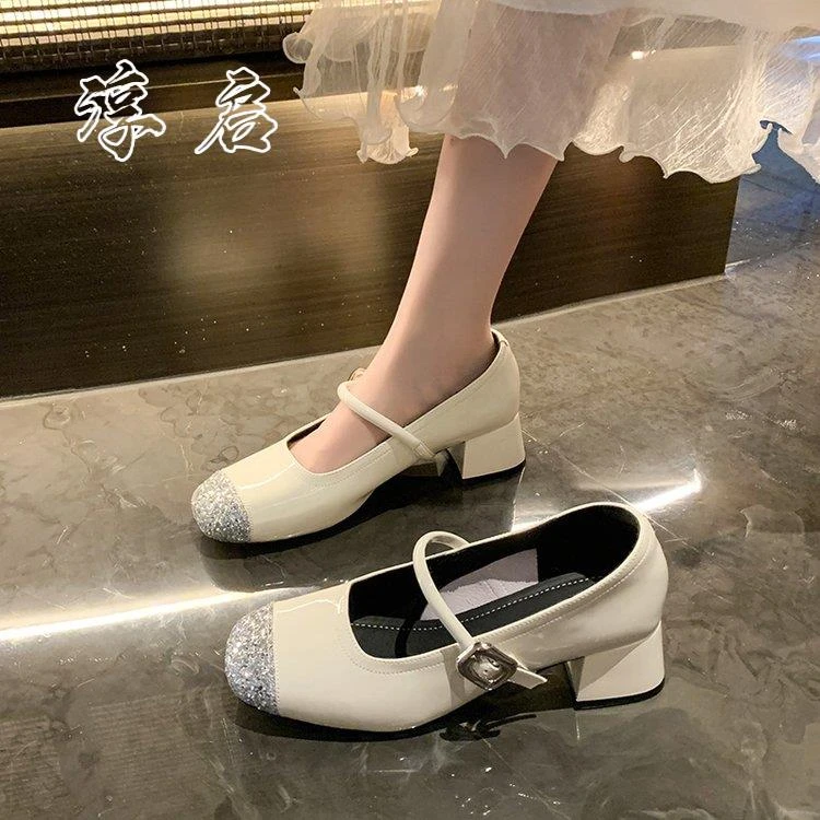 淳启小香风粗跟玛丽珍鞋2025夏季新款法式复古拼色一字带高跟鞋