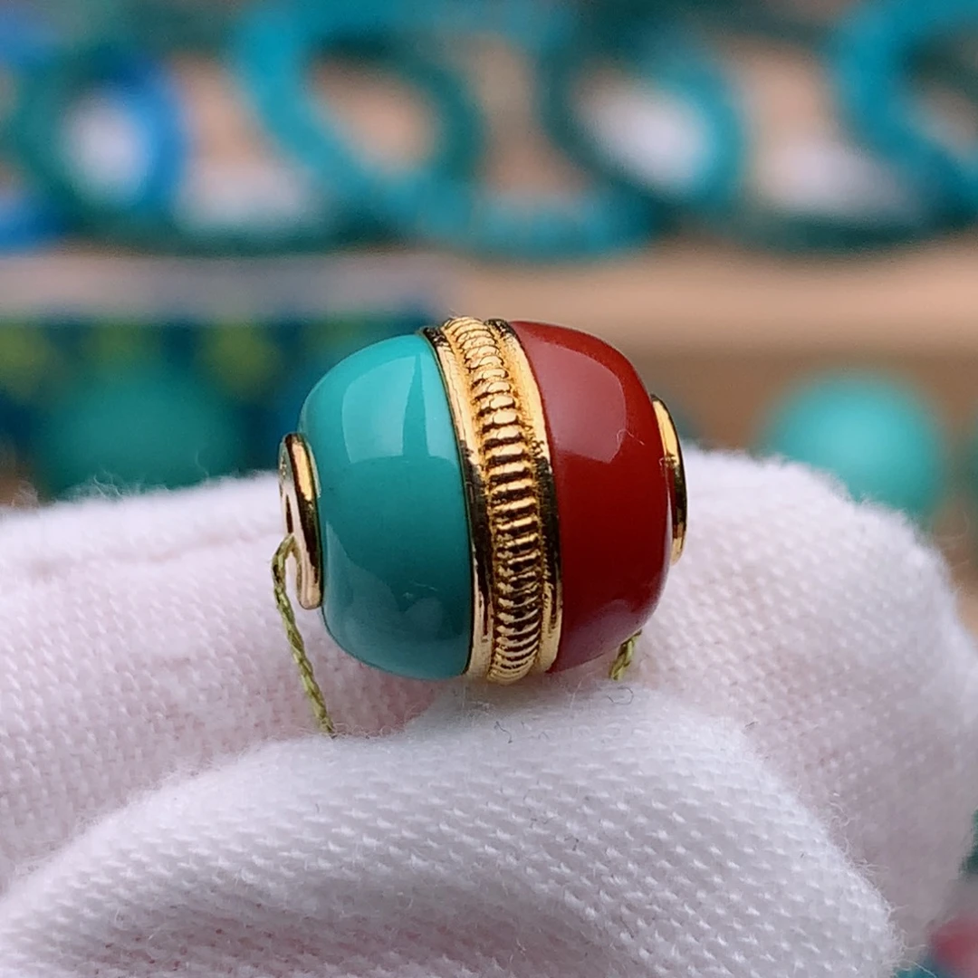 18K金镶嵌绿松石珠宝奇石9.8mm汉堡珠