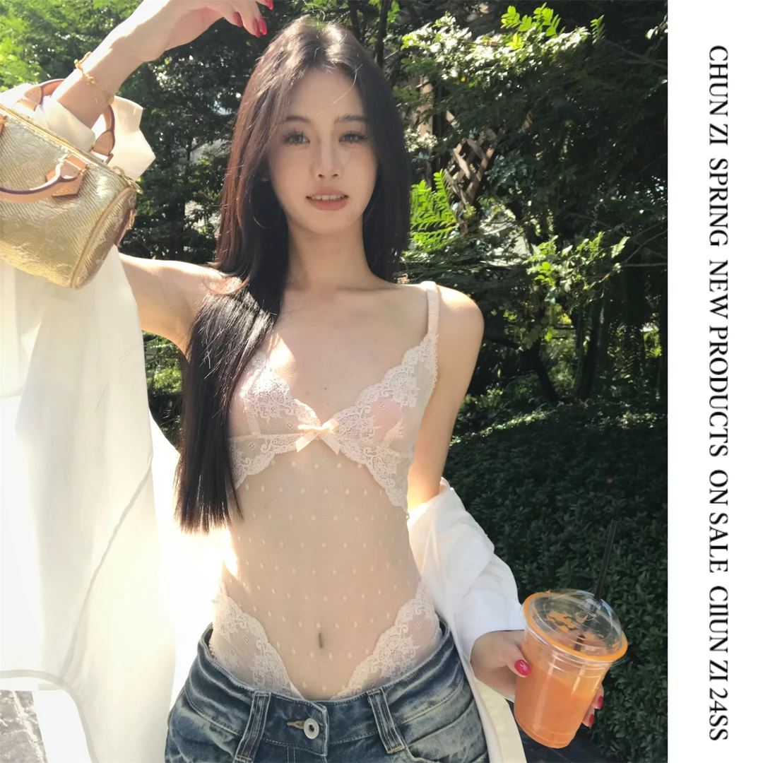 【CHUN ZI】复古粉色蕾丝波点网纱拼接连体衣性感吊带叠穿内搭