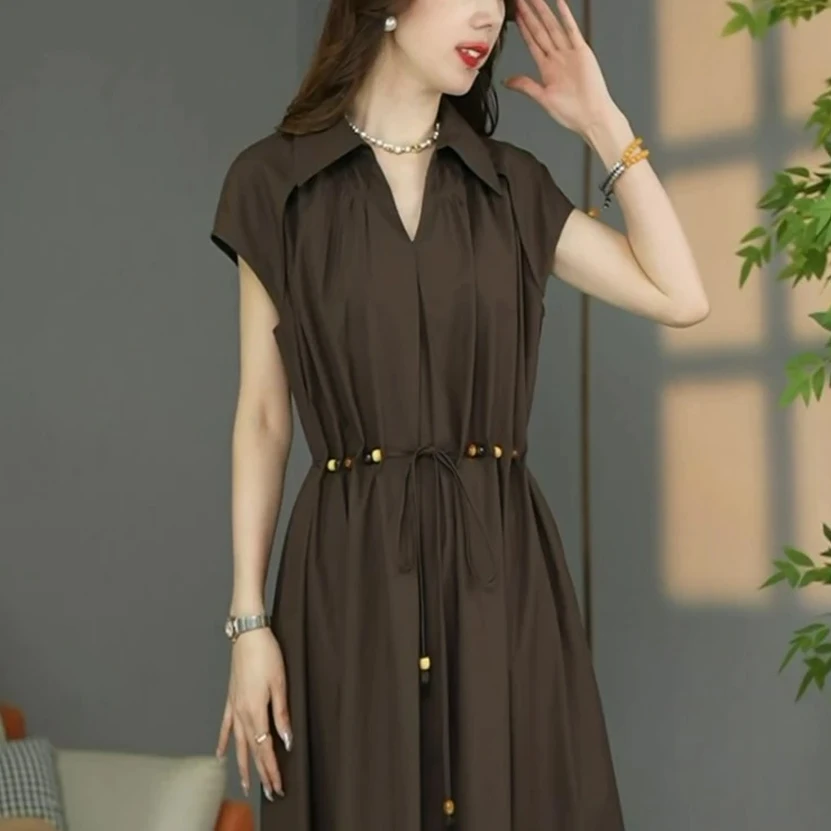 时尚气质绑带显瘦短袖连衣裙女2025夏新款大码宽松中长款收腰裙子