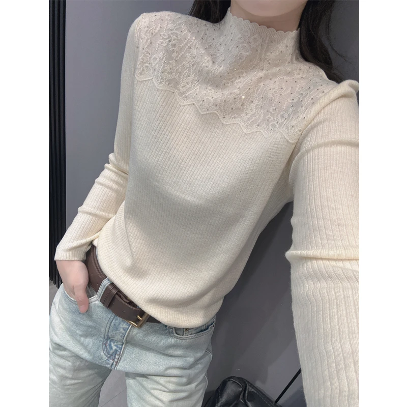 半高领重工烫钻针织毛衣女秋冬新款法式温柔风洋气内搭打底衫上衣